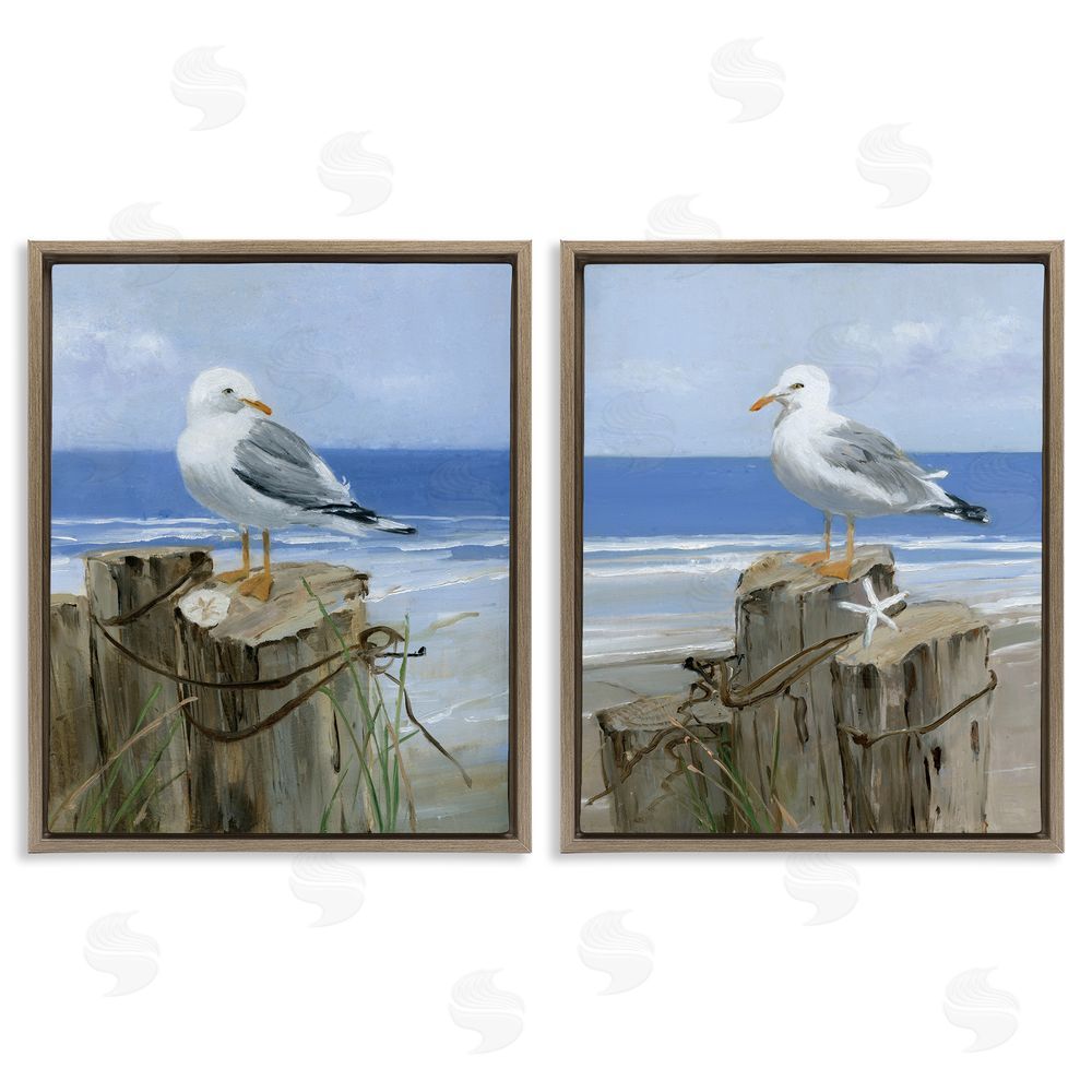 Sally Swatland Seagulls Beach Shore Wooden Pillars Brown Floating Frame Canvas Wall Art Print