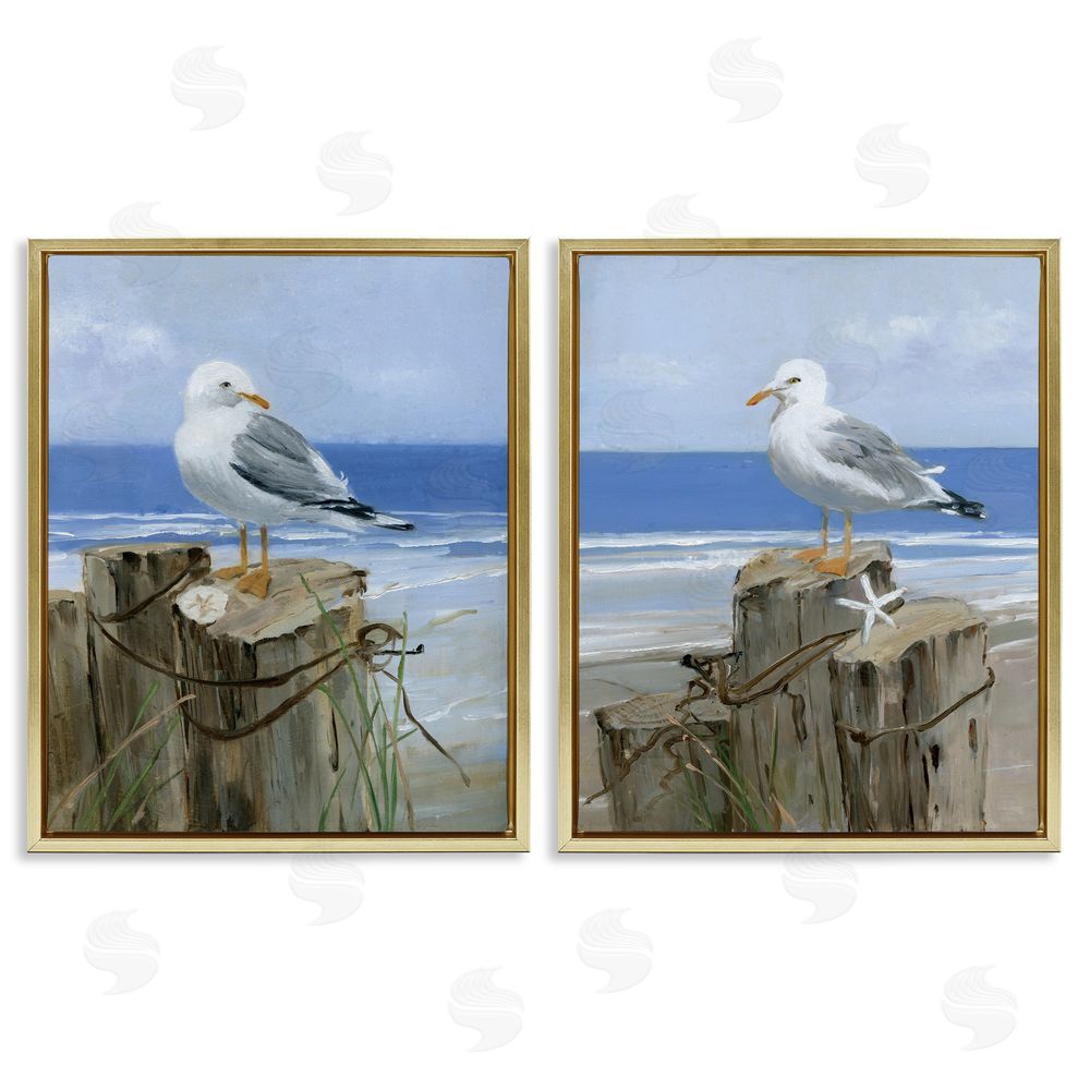 Sally Swatland Seagulls Beach Shore Wooden Pillars Gold Floating Frame Canvas Wall Art Print