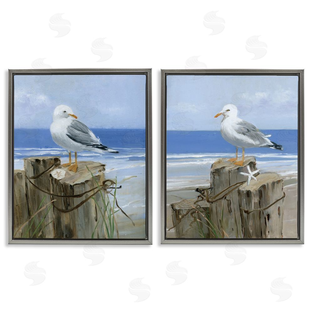 Sally Swatland Seagulls Beach Shore Wooden Pillars Gray Floating Frame Canvas Wall Art Print