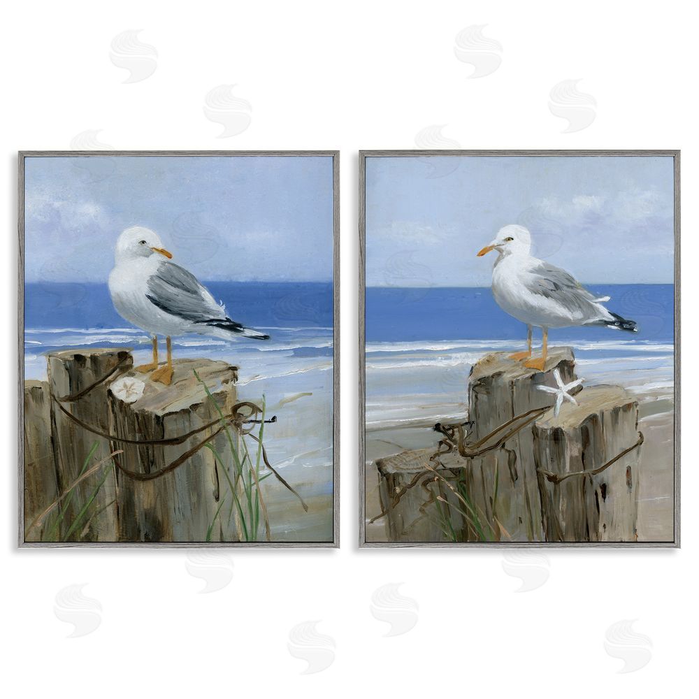 Sally Swatland Seagulls Beach Shore Wooden Pillars Gray Framed Giclee Wall Art Print