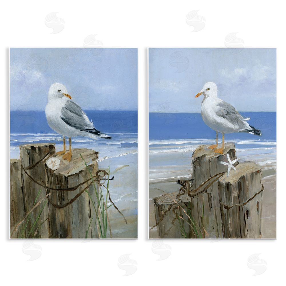 Sally Swatland Seagulls Beach Shore Wooden Pillars Wooden Wall Plaque Art Print