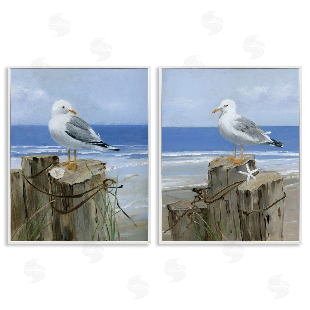 Sally Swatland Seagulls Beach Shore Wooden Pillars White Framed Giclee Wall Art Print