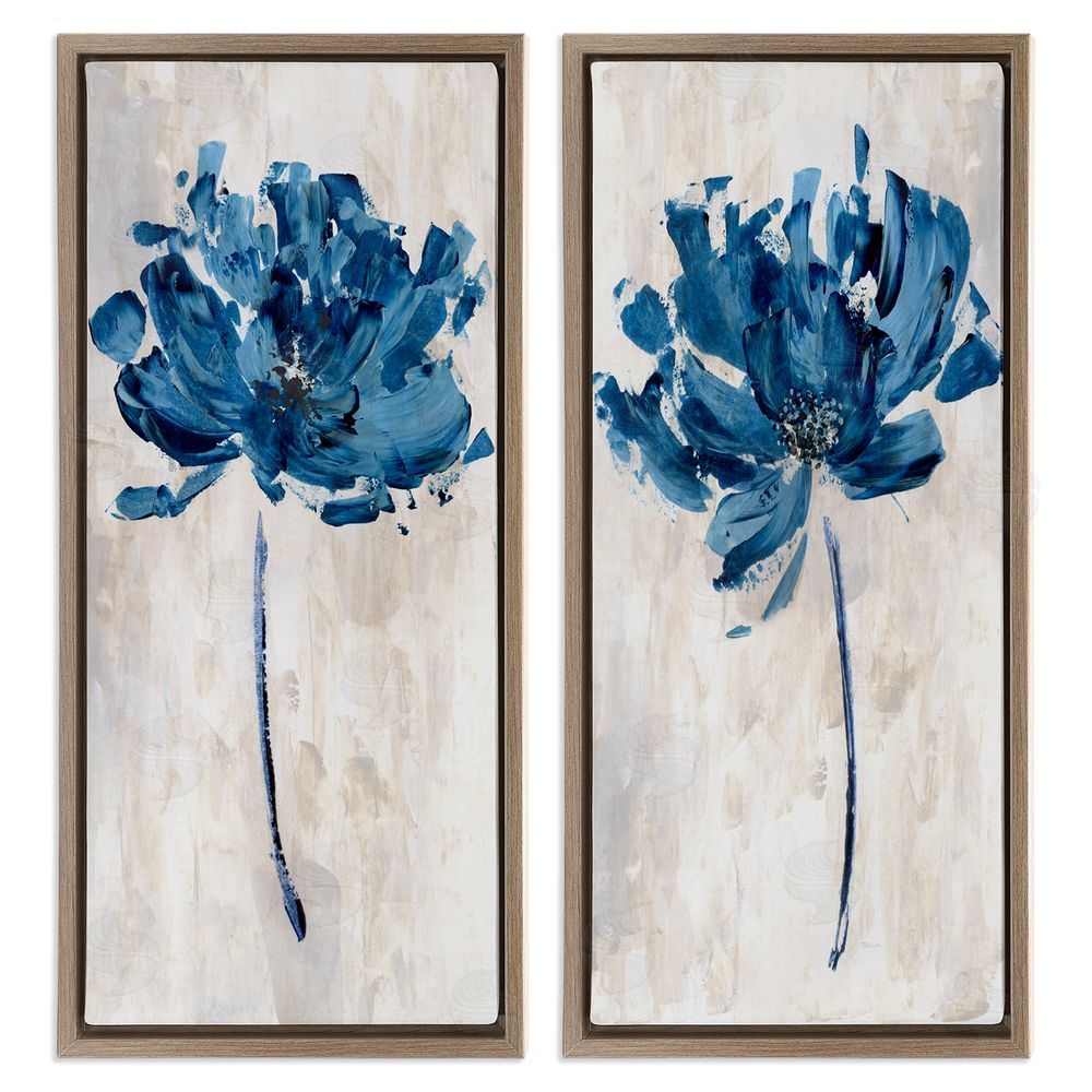 Katrina Craven Vivid Blue Abstract Flowers Rustic Florals Brown Floating Frame Canvas Wall Art Print