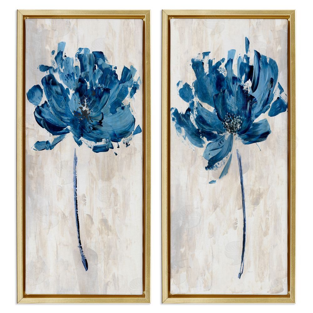 Katrina Craven Vivid Blue Abstract Flowers Rustic Florals Gold Floating Frame Canvas Wall Art Print