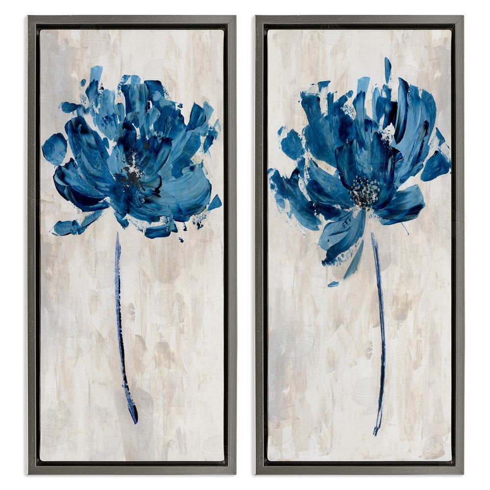 Katrina Craven Vivid Blue Abstract Flowers Rustic Florals Gray Floating Frame Canvas Wall Art Print