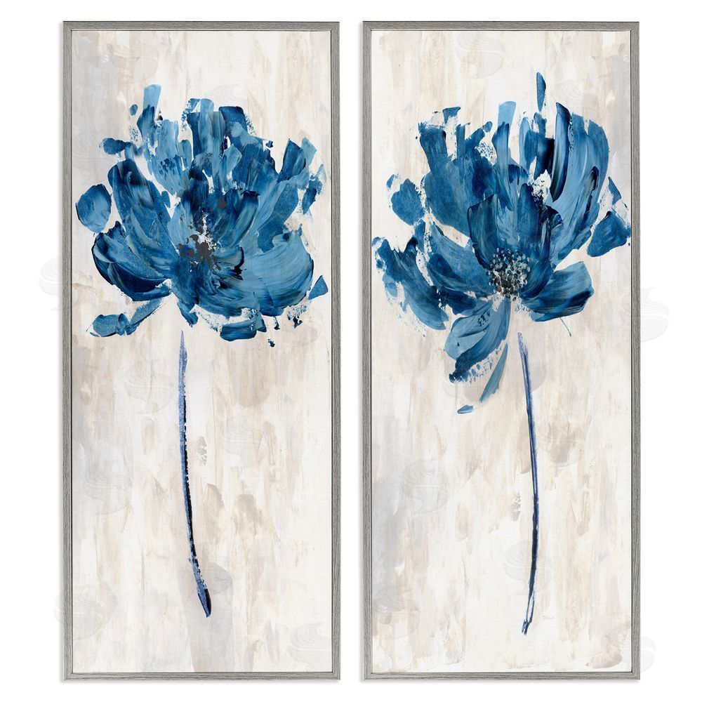 Katrina Craven Vivid Blue Abstract Flowers Rustic Florals Gray Framed Giclee Wall Art Print