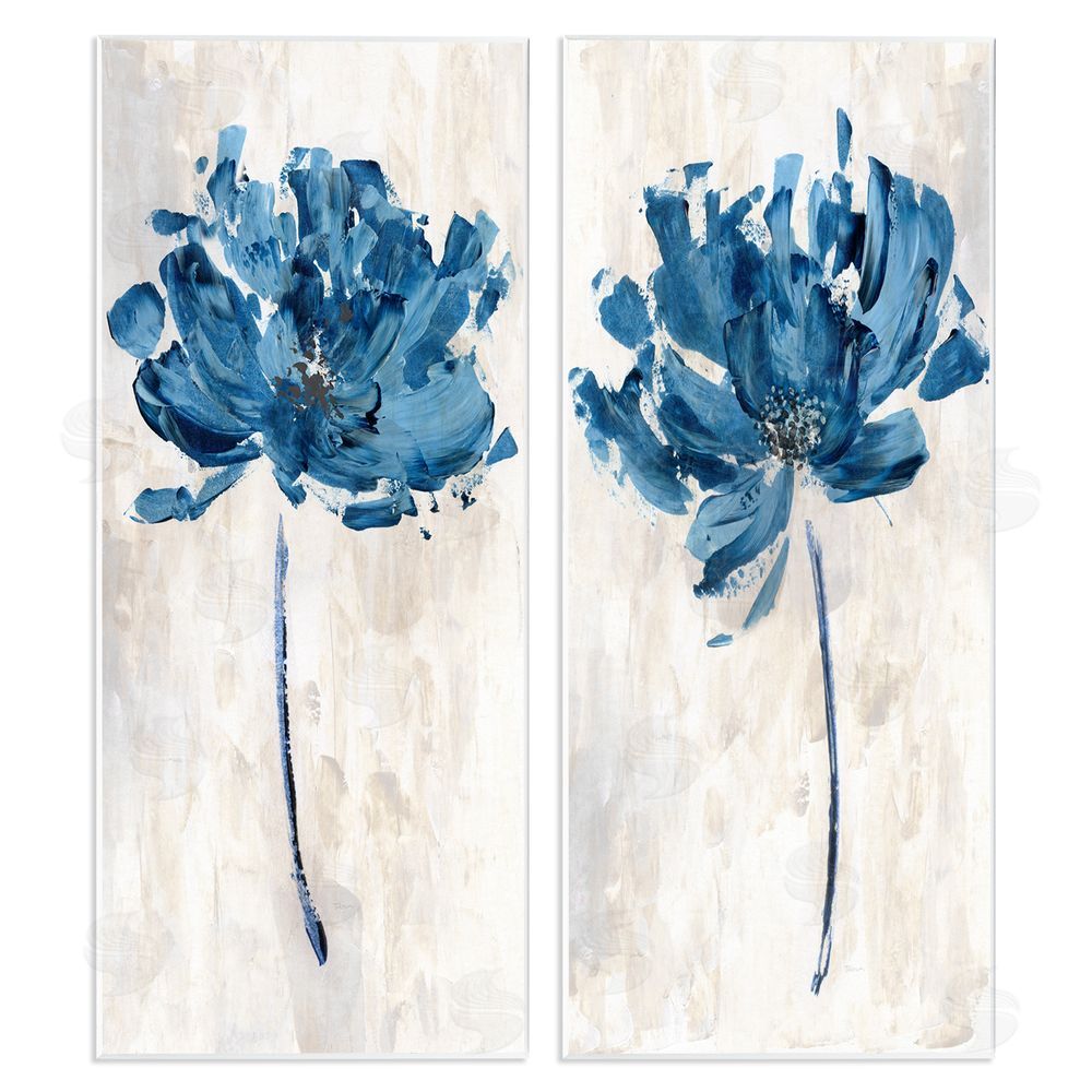 Katrina Craven Vivid Blue Abstract Flowers Rustic Florals Wooden Wall Plaque Art Print