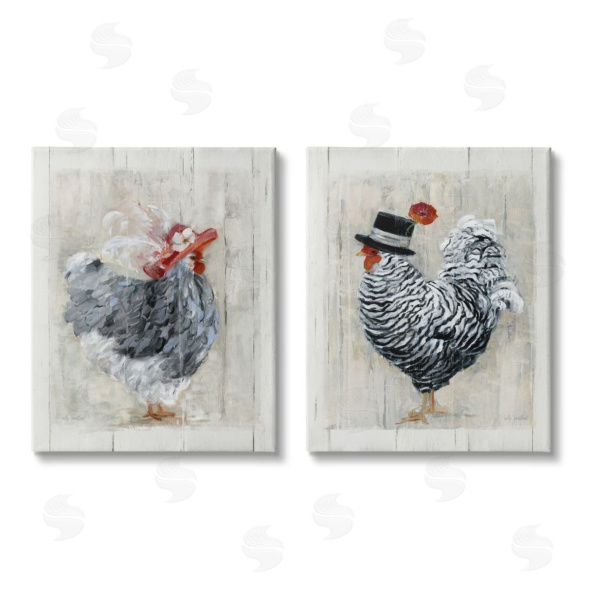 Sally Swatland Farm Rooster and Hen Vintage Birds Brim Hats Canvas Wall Art Print