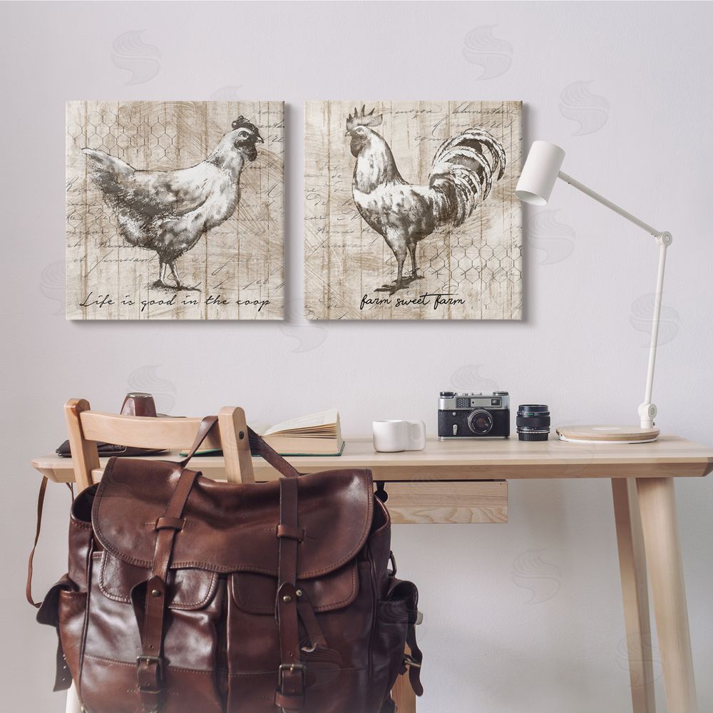 Conrad Knutsen Rustic Hen Rooster Illustration Life is Good Phrases Canvas Wall Art Print in Room