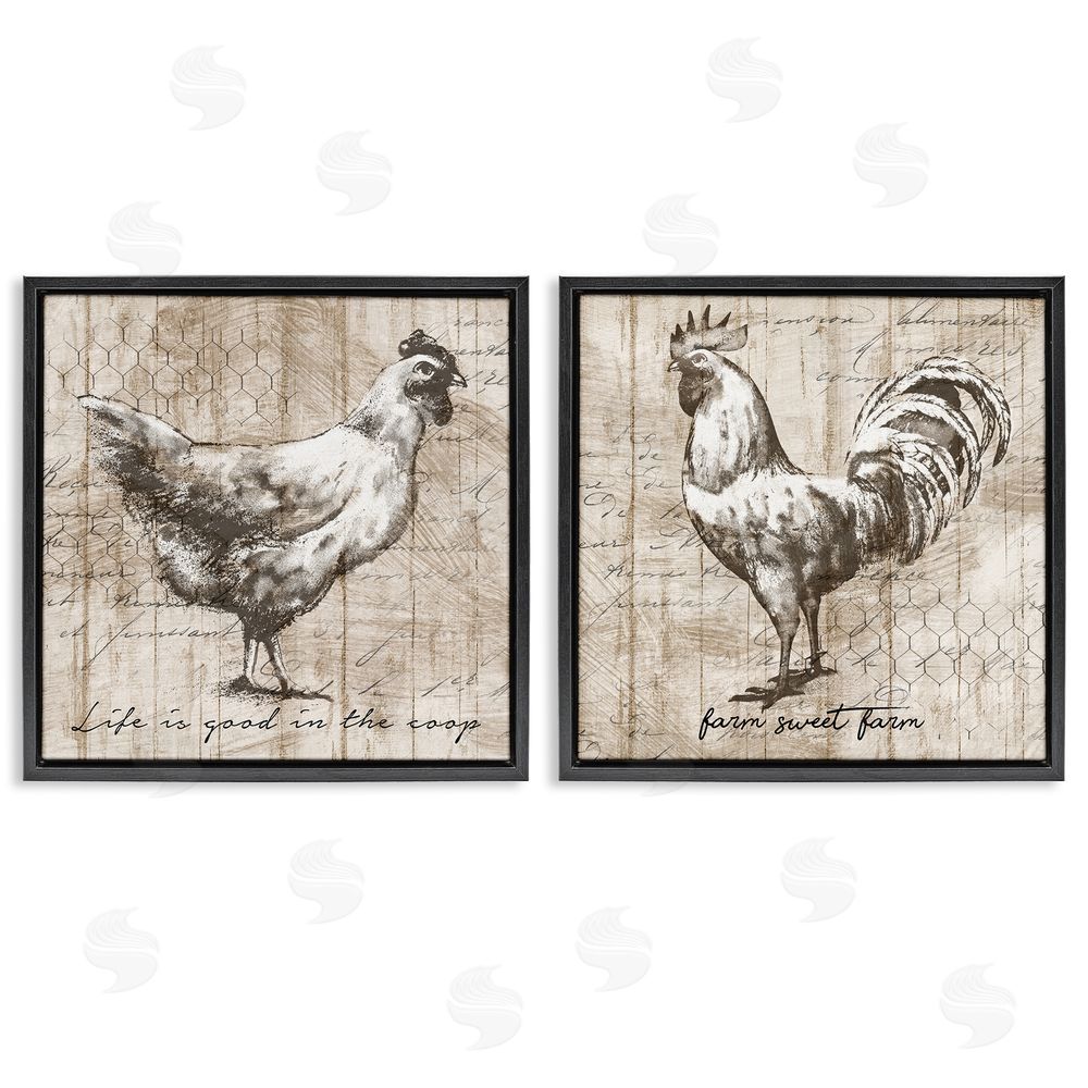 Conrad Knutsen Rustic Hen Rooster Illustration Life is Good Phrases Black Floating Frame Canvas Wall Art Print