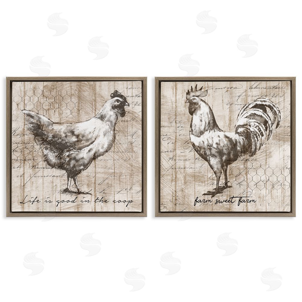 Conrad Knutsen Rustic Hen Rooster Illustration Life is Good Phrases Brown Floating Frame Canvas Wall Art Print
