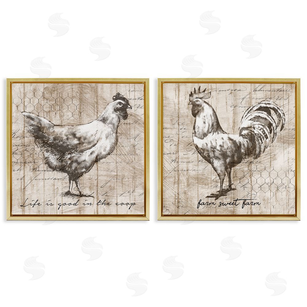 Conrad Knutsen Rustic Hen Rooster Illustration Life is Good Phrases Gold Floating Frame Canvas Wall Art Print
