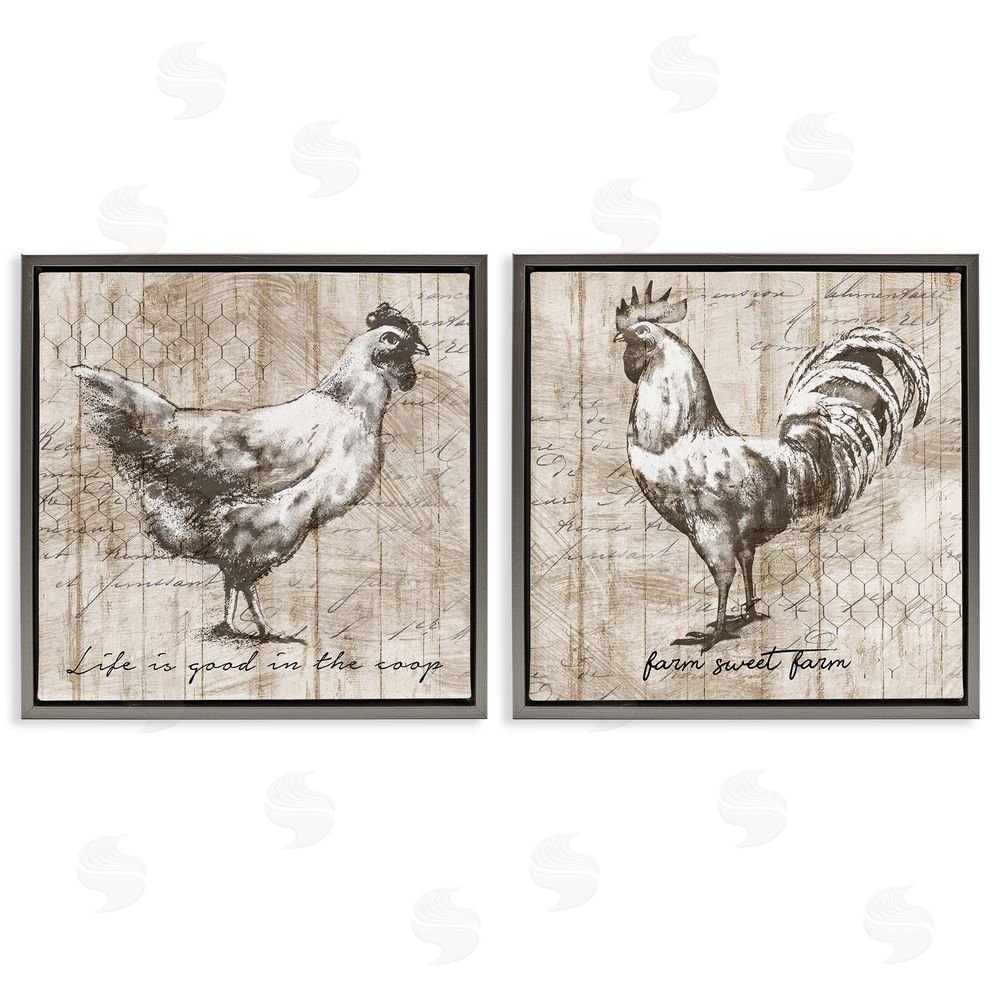 Conrad Knutsen Rustic Hen Rooster Illustration Life is Good Phrases Gray Floating Frame Canvas Wall Art Print