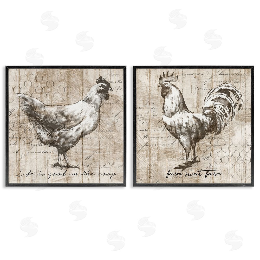 Conrad Knutsen Rustic Hen Rooster Illustration Life is Good Phrases Black Framed Giclee Wall Art Print