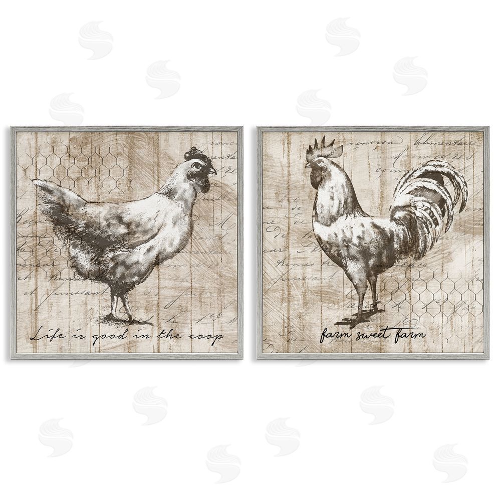 Conrad Knutsen Rustic Hen Rooster Illustration Life is Good Phrases Gray Framed Giclee Wall Art Print