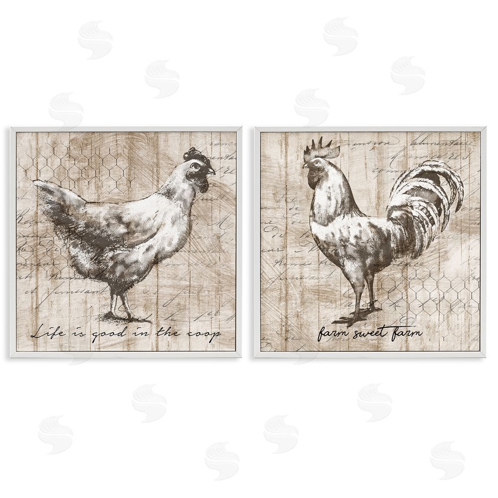 Conrad Knutsen Rustic Hen Rooster Illustration Life is Good Phrases White Framed Giclee Wall Art Print