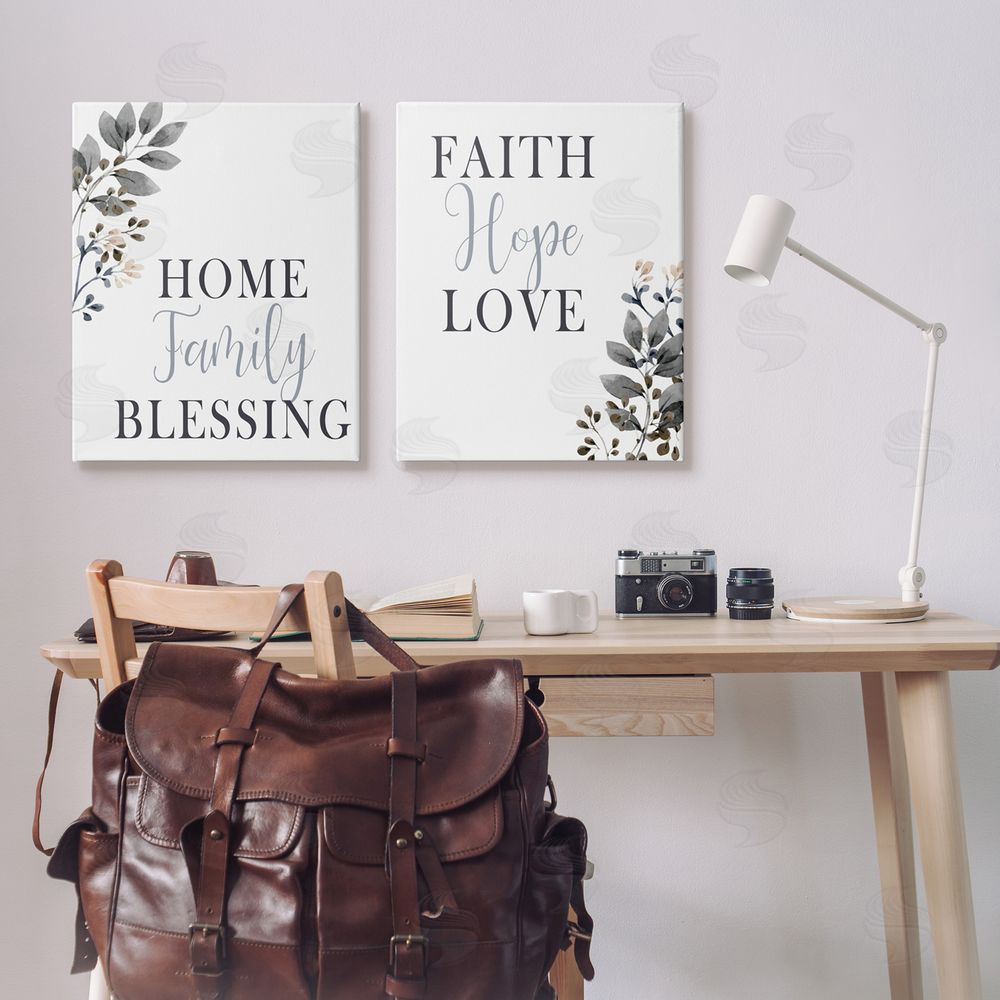 Kim Allen Faith Hope Family Phrases Soft Black Florals Canvas Wall Art Print in Room