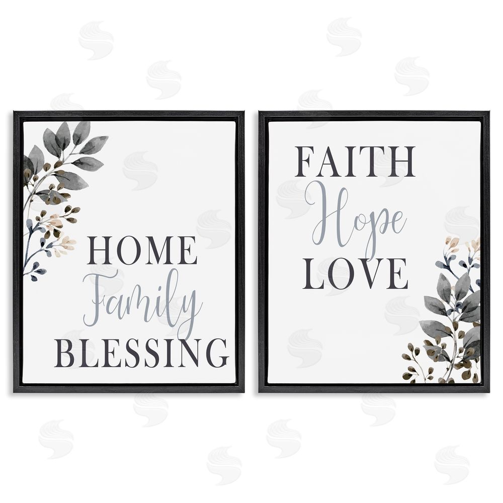 Kim Allen Faith Hope Family Phrases Soft Black Florals Black Floating Frame Canvas Wall Art Print