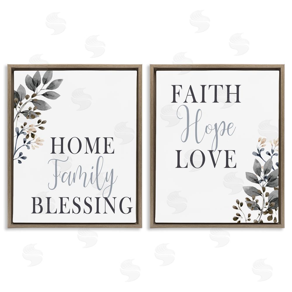 Kim Allen Faith Hope Family Phrases Soft Black Florals Brown Floating Frame Canvas Wall Art Print