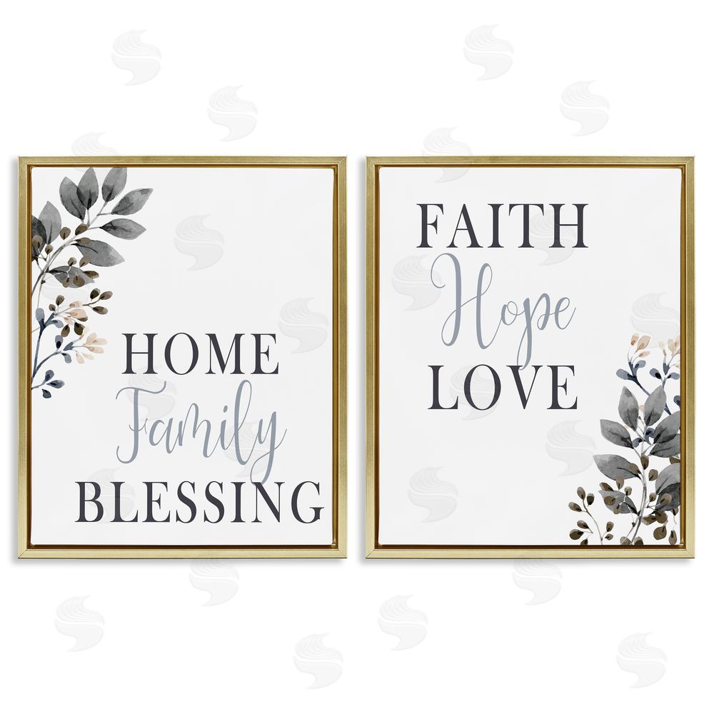 Kim Allen Faith Hope Family Phrases Soft Black Florals Gold Floating Frame Canvas Wall Art Print