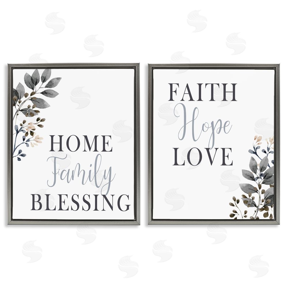 Kim Allen Faith Hope Family Phrases Soft Black Florals Gray Floating Frame Canvas Wall Art Print