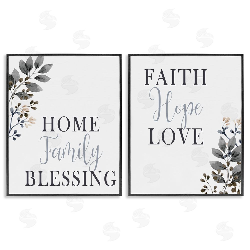 Kim Allen Faith Hope Family Phrases Soft Black Florals Black Framed Giclee Wall Art Print