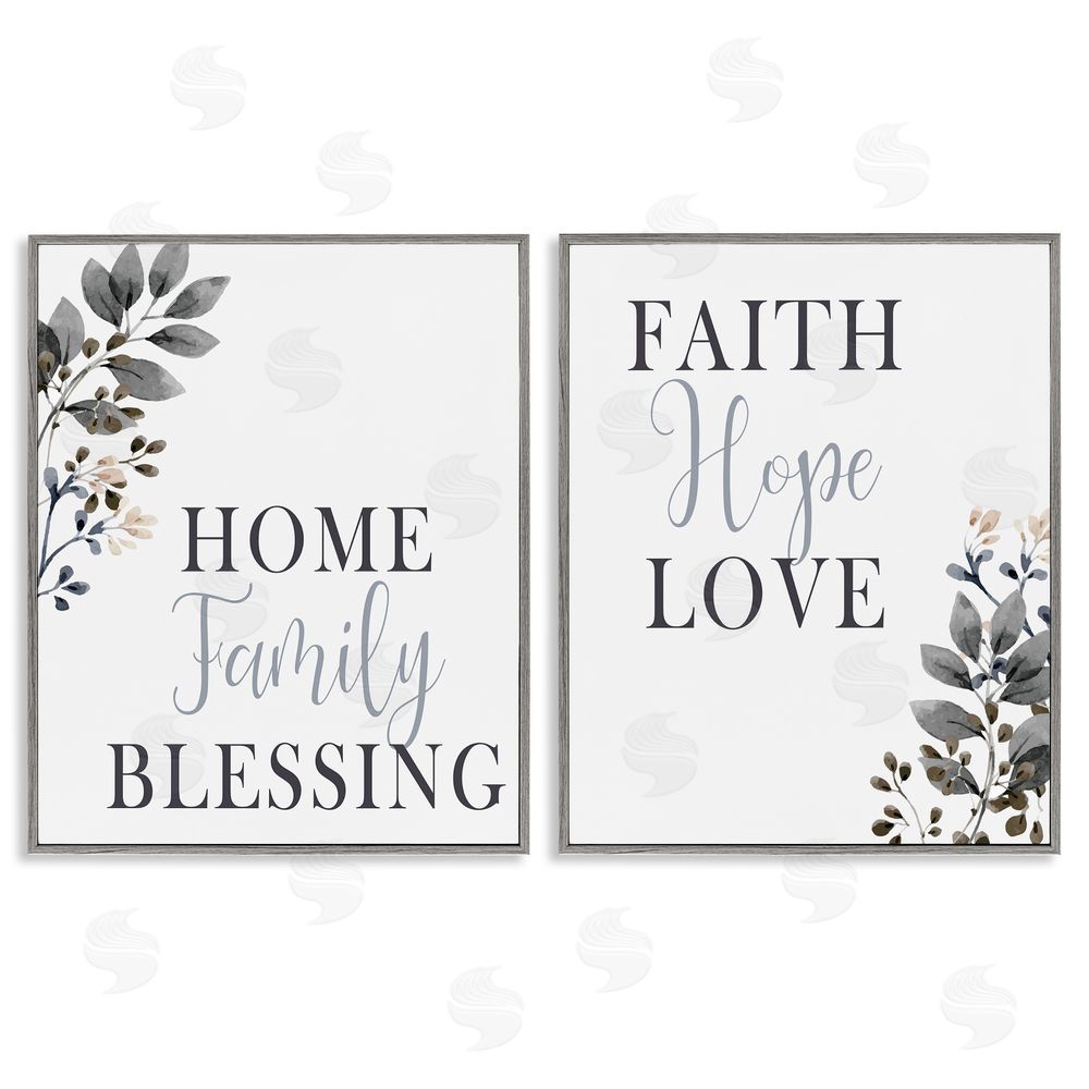 Kim Allen Faith Hope Family Phrases Soft Black Florals Gray Framed Giclee Wall Art Print