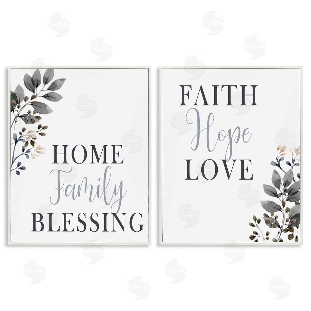 Kim Allen Faith Hope Family Phrases Soft Black Florals White Framed Giclee Wall Art Print