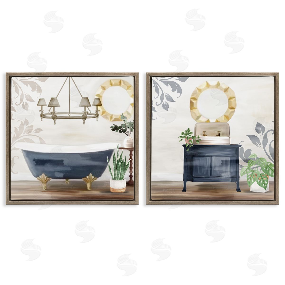 Chic Bathroom Interior Still Life Brown Floating Frame Canvas Wall Art, Home Decor by Kim Allen