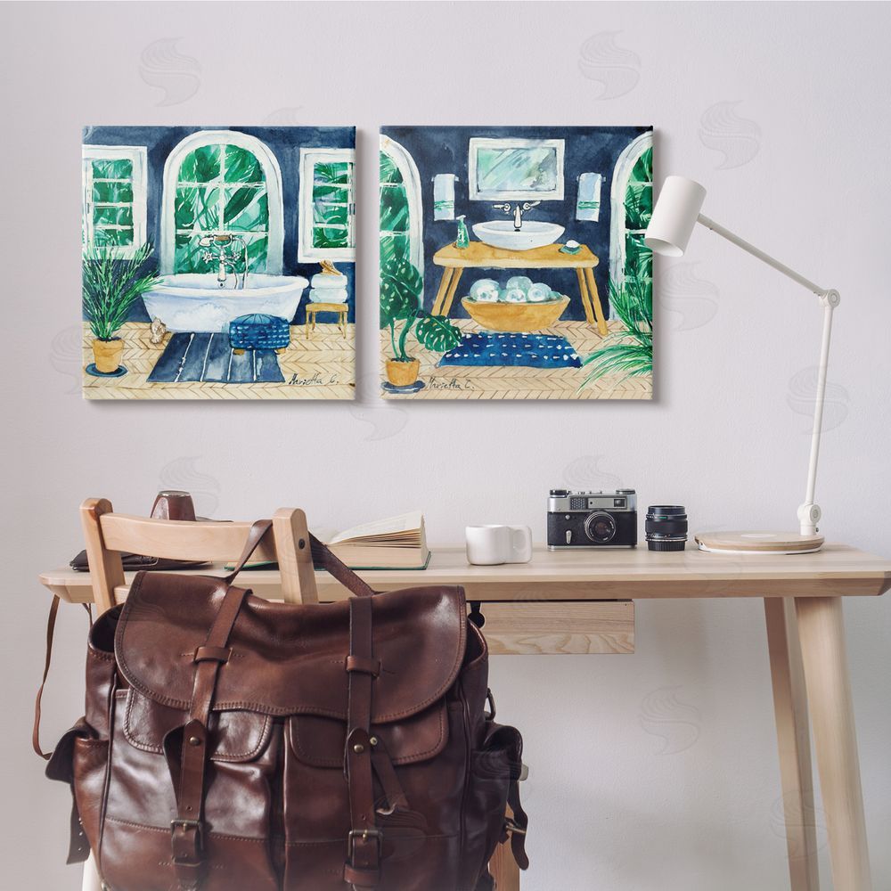 Marietta Cohen Art and Design Bold Blue Bathroom Interior Still Life Canvas Wall Art Print in Room