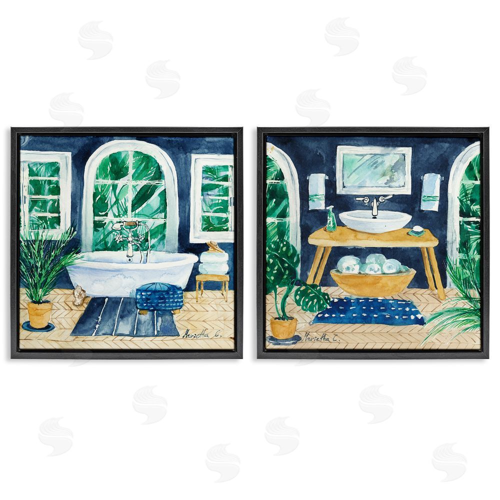 Marietta Cohen Art and Design Bold Blue Bathroom Interior Still Life Black Floating Frame Canvas Wall Art Print