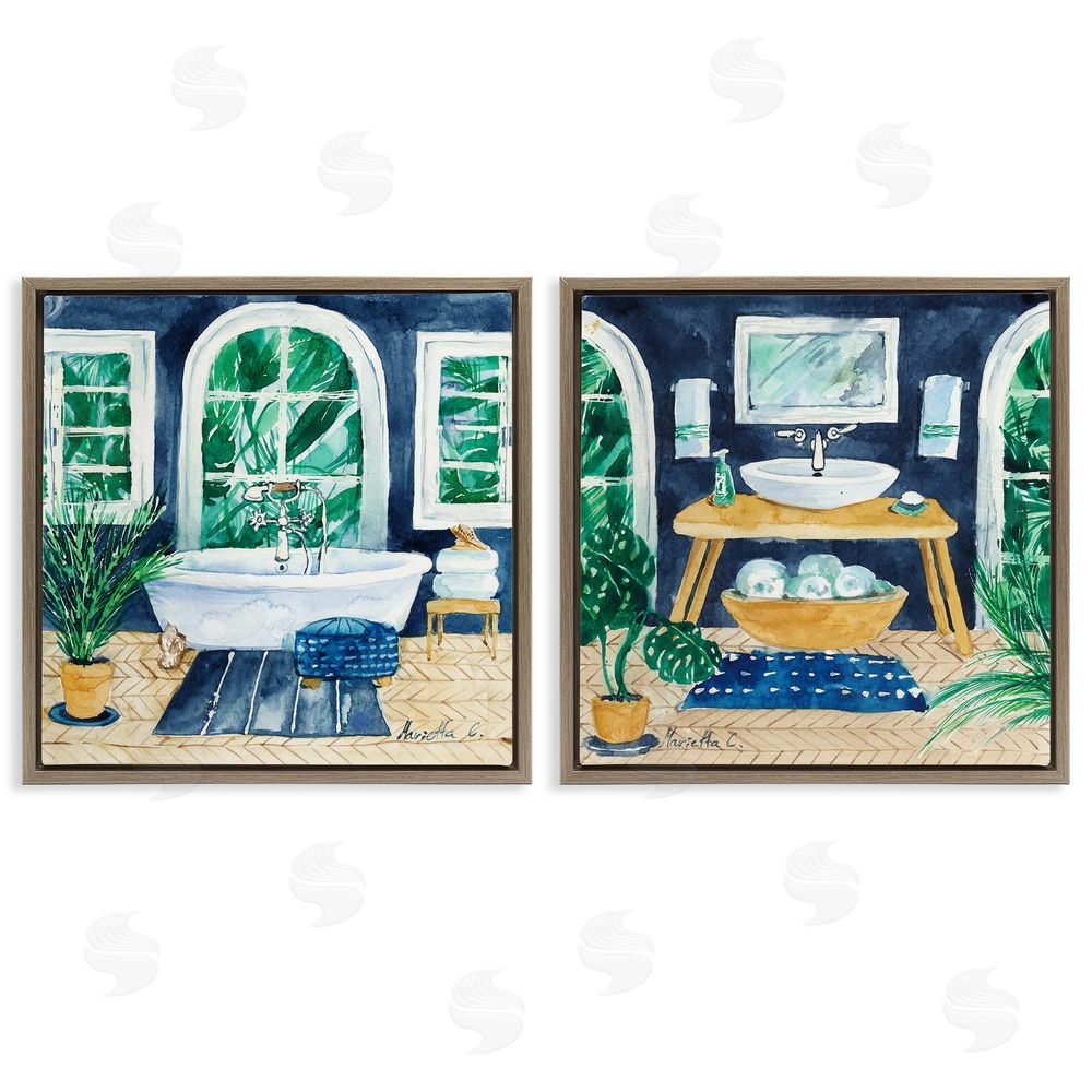 Marietta Cohen Art and Design Bold Blue Bathroom Interior Still Life Brown Floating Frame Canvas Wall Art Print