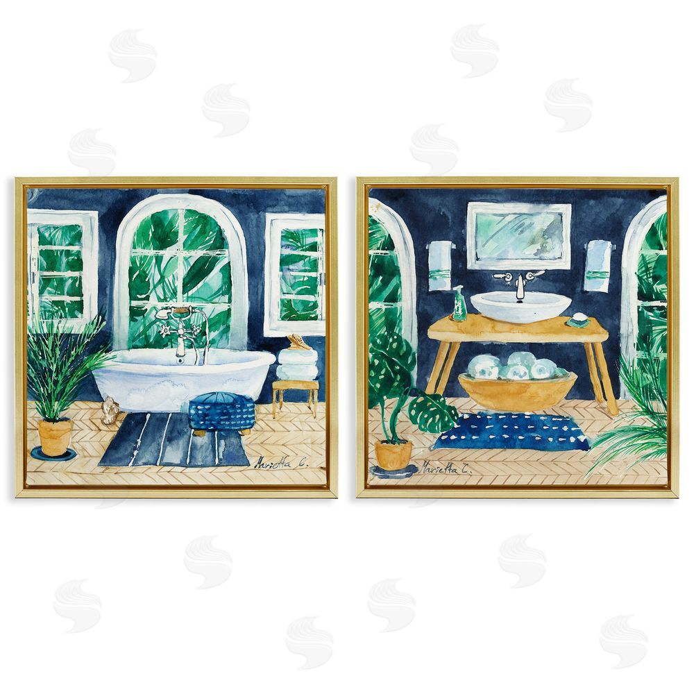 Marietta Cohen Art and Design Bold Blue Bathroom Interior Still Life Gold Floating Frame Canvas Wall Art Print