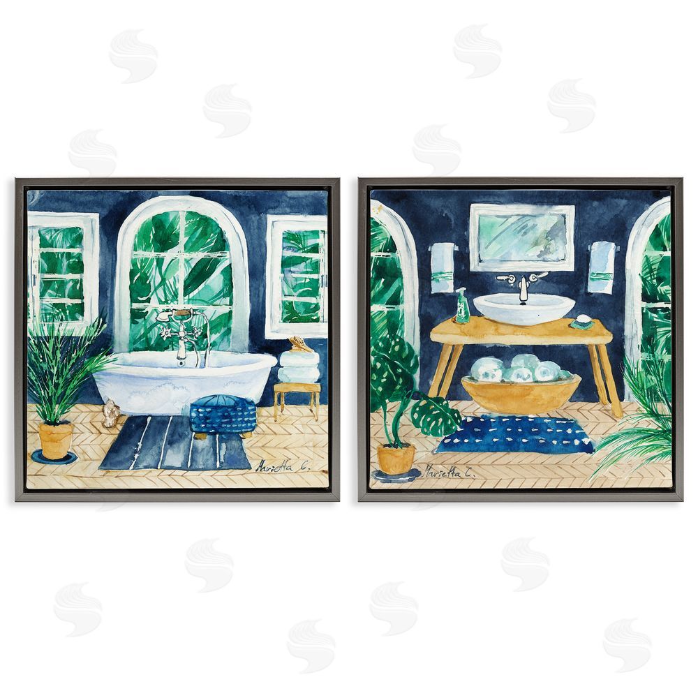 Marietta Cohen Art and Design Bold Blue Bathroom Interior Still Life Gray Floating Frame Canvas Wall Art Print