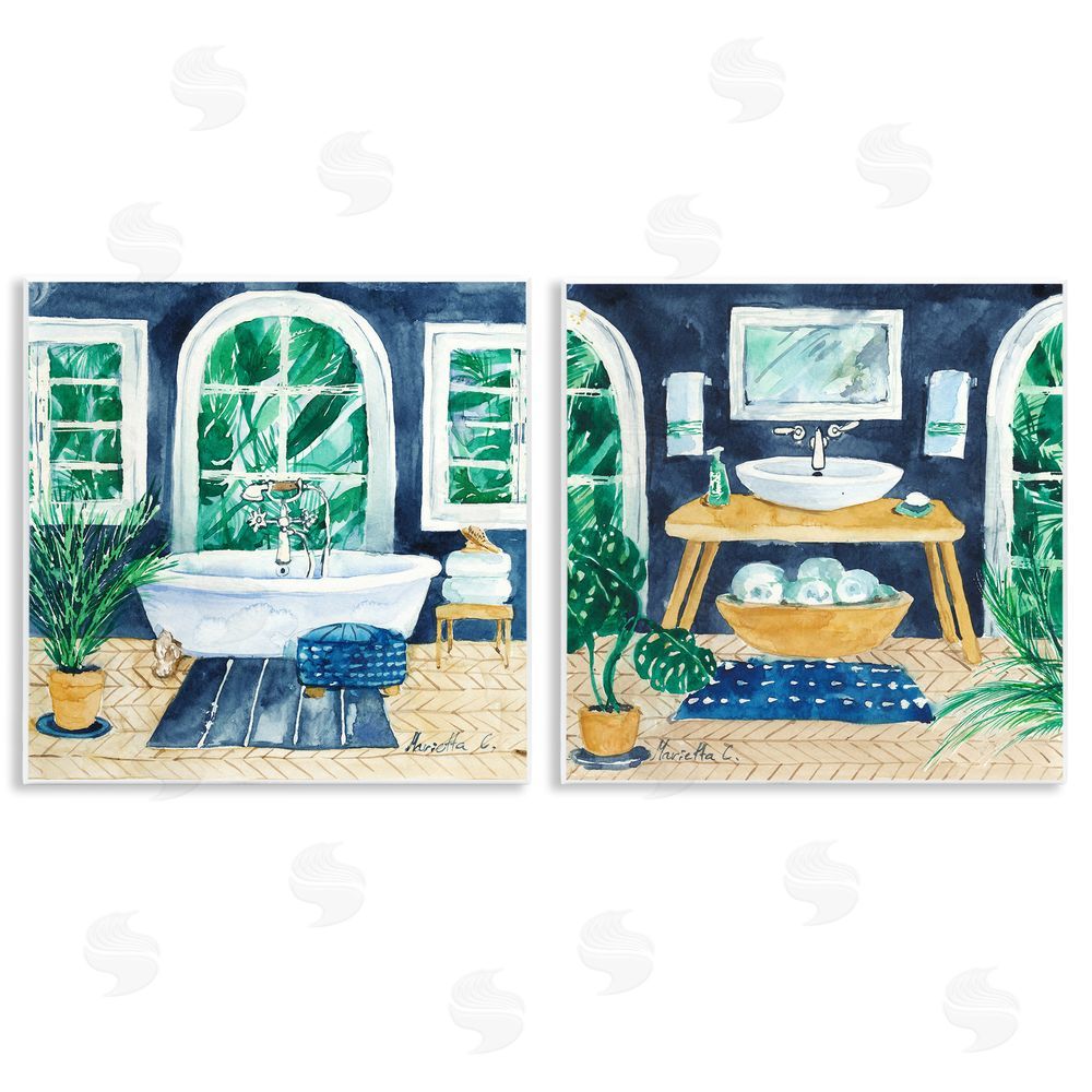 Marietta Cohen Art and Design Bold Blue Bathroom Interior Still Life Wooden Wall Plaque Art Print