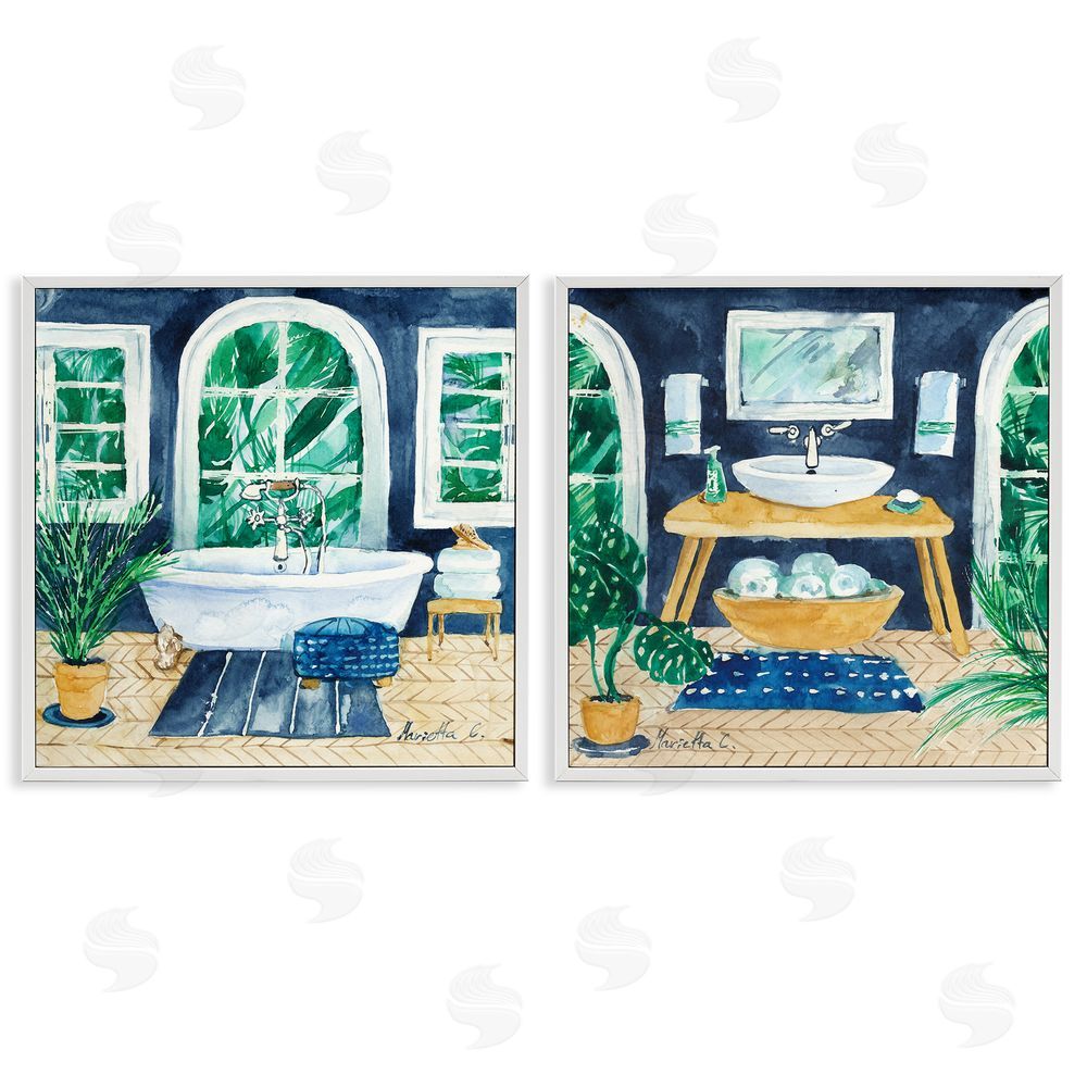 Marietta Cohen Art and Design Bold Blue Bathroom Interior Still Life White Framed Giclee Wall Art Print