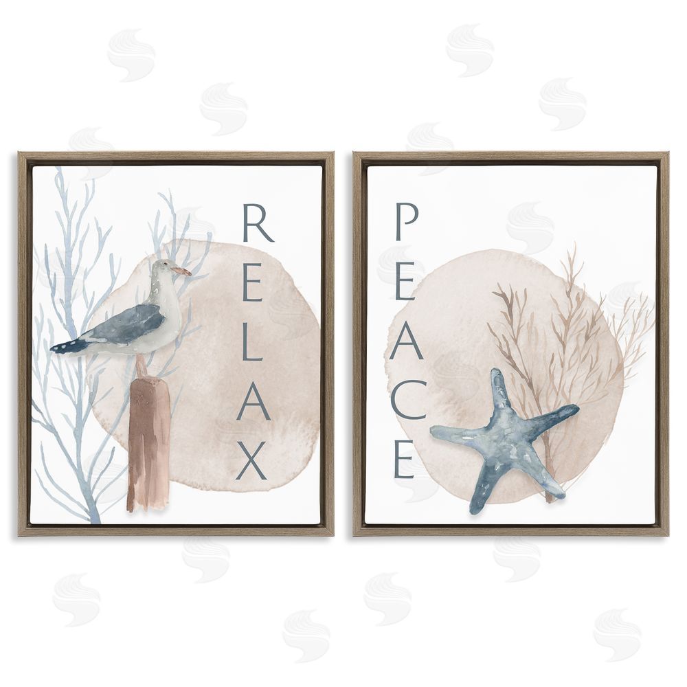 Lucille Price Nautical Seagull Starfish Peace Relax Tranquility Brown Floating Frame Canvas Wall Art Print