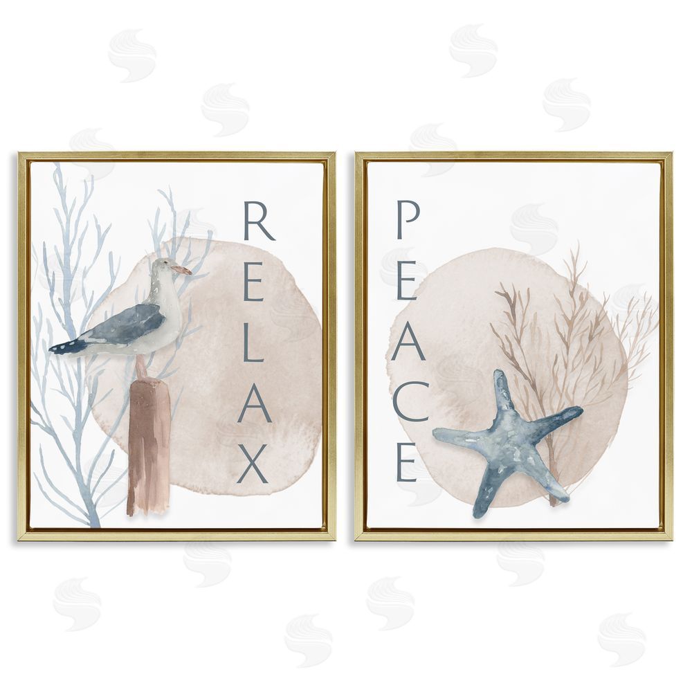 Lucille Price Nautical Seagull Starfish Peace Relax Tranquility Gold Floating Frame Canvas Wall Art Print