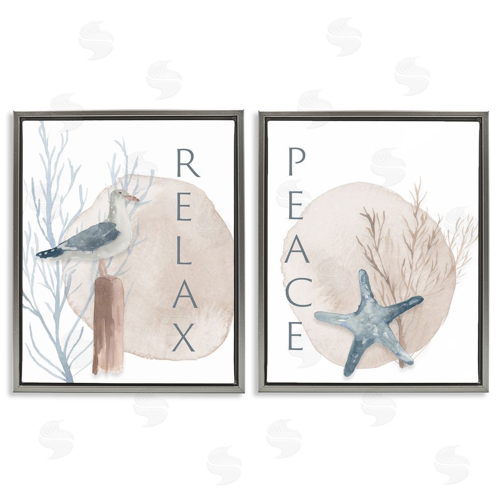 Lucille Price Nautical Seagull Starfish Peace Relax Tranquility Gray Floating Frame Canvas Wall Art Print