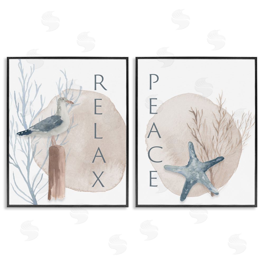 Lucille Price Nautical Seagull Starfish Peace Relax Tranquility Black Framed Giclee Wall Art Print