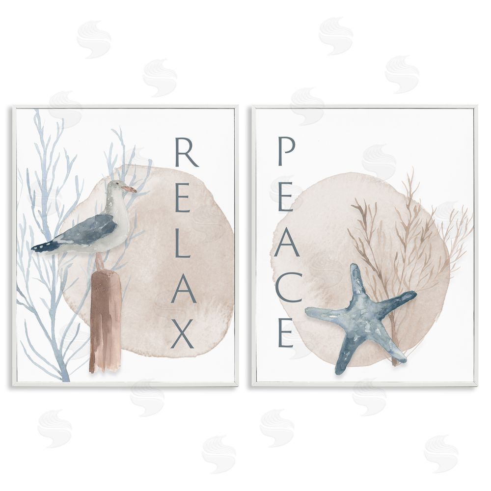 Lucille Price Nautical Seagull Starfish Peace Relax Tranquility White Framed Giclee Wall Art Print