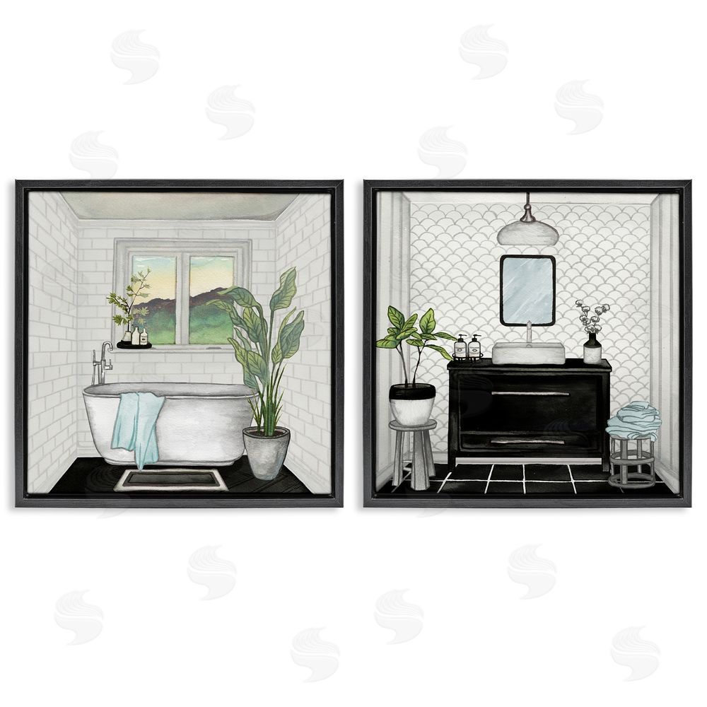 Elizabeth Medley Tranquil Bathroom Interior Scene Tub Sink Black Floating Frame Canvas Wall Art Print