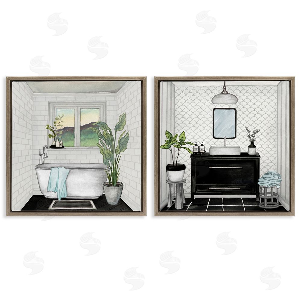 Elizabeth Medley Tranquil Bathroom Interior Scene Tub Sink Brown Floating Frame Canvas Wall Art Print