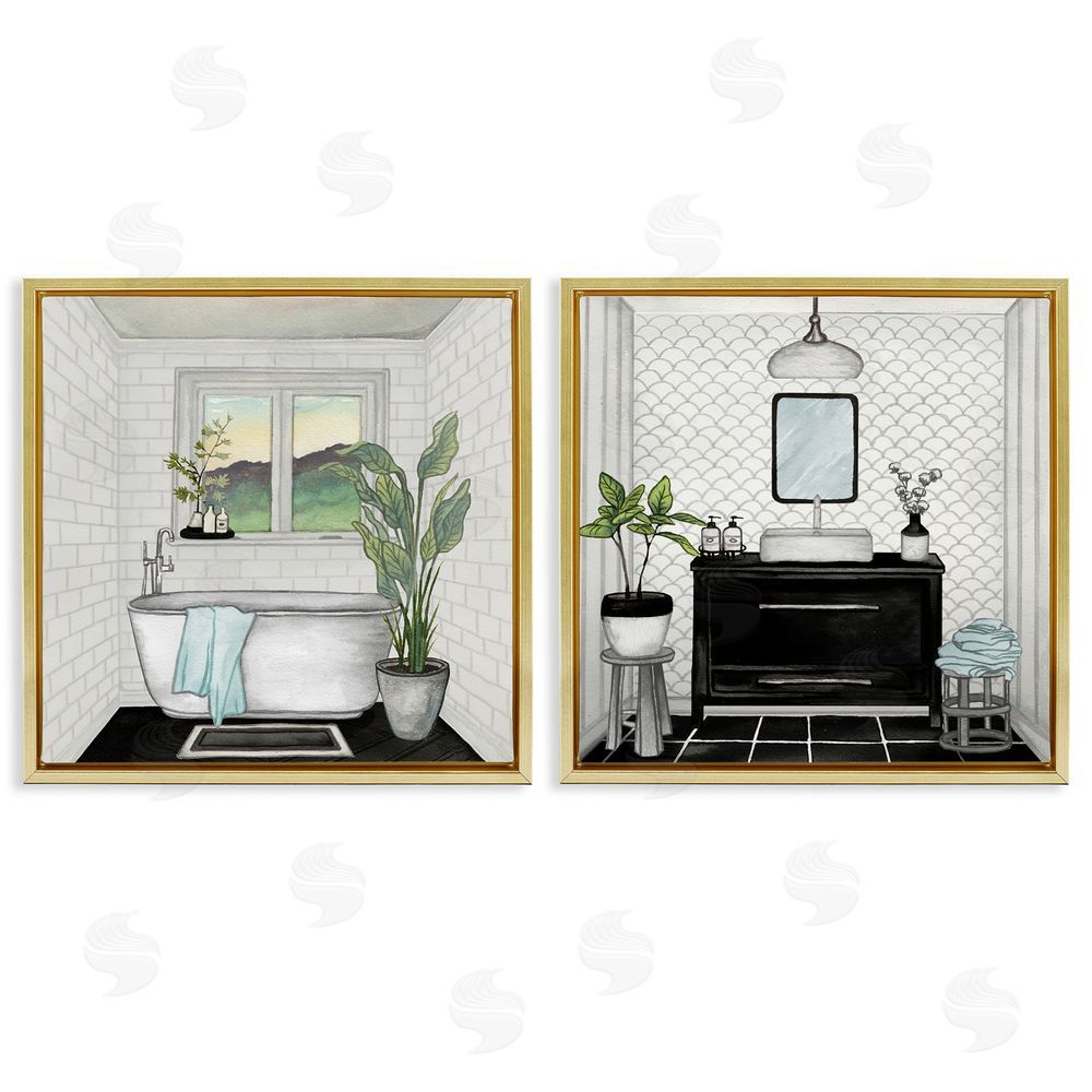 Elizabeth Medley Tranquil Bathroom Interior Scene Tub Sink Gold Floating Frame Canvas Wall Art Print