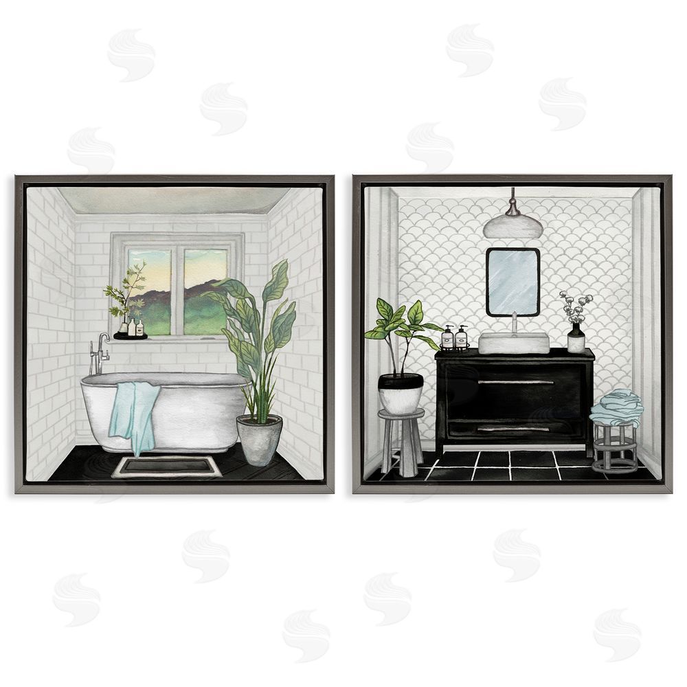 Elizabeth Medley Tranquil Bathroom Interior Scene Tub Sink Gray Floating Frame Canvas Wall Art Print