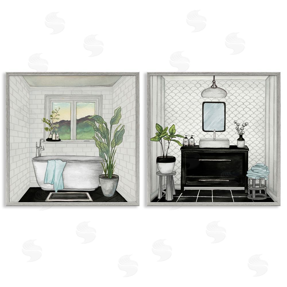 Elizabeth Medley Tranquil Bathroom Interior Scene Tub Sink Gray Framed Giclee Wall Art Print