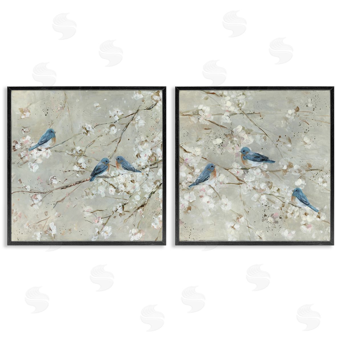 Blue Birds Perched Tree Blossoms Black Frame Print Wall Art, Home Decor by Sally Swatland