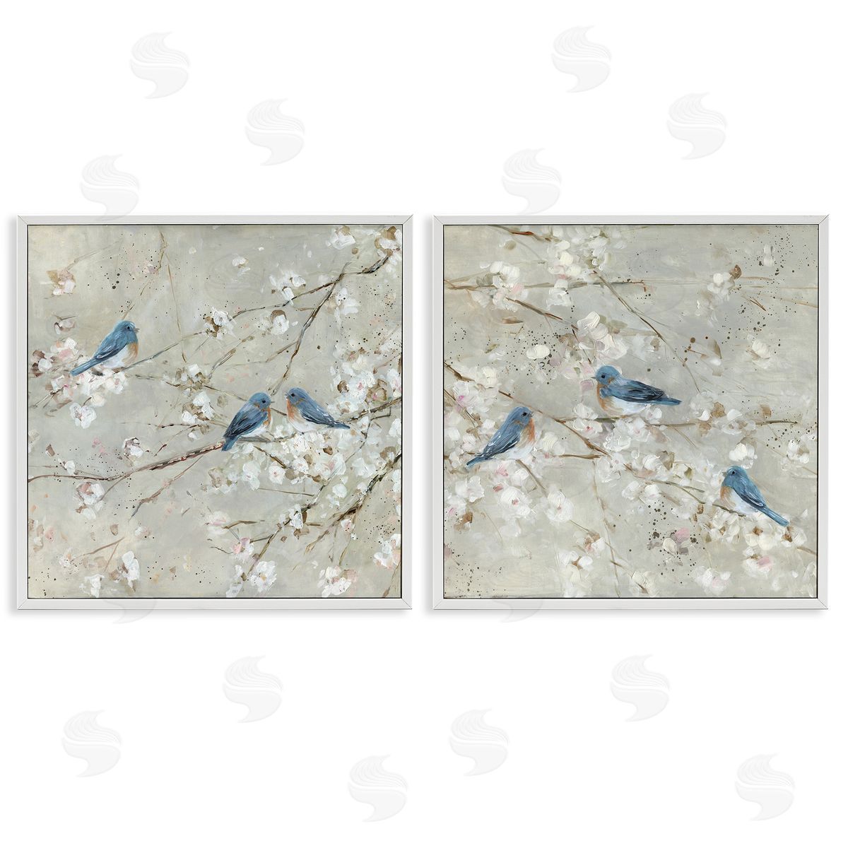 Blue Birds Perched Tree Blossoms White Frame Print Wall Art, Home Decor by Sally Swatland