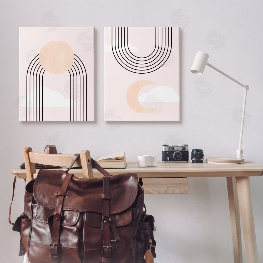 Stupell Studio Rising Sun Rainbow Crescent Moon Abstract Pink Sky Canvas Wall Art Print in Room