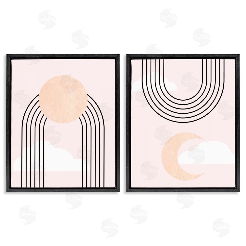 Stupell Studio Rising Sun Rainbow Crescent Moon Abstract Pink Sky Black Floating Frame Canvas Wall Art Print
